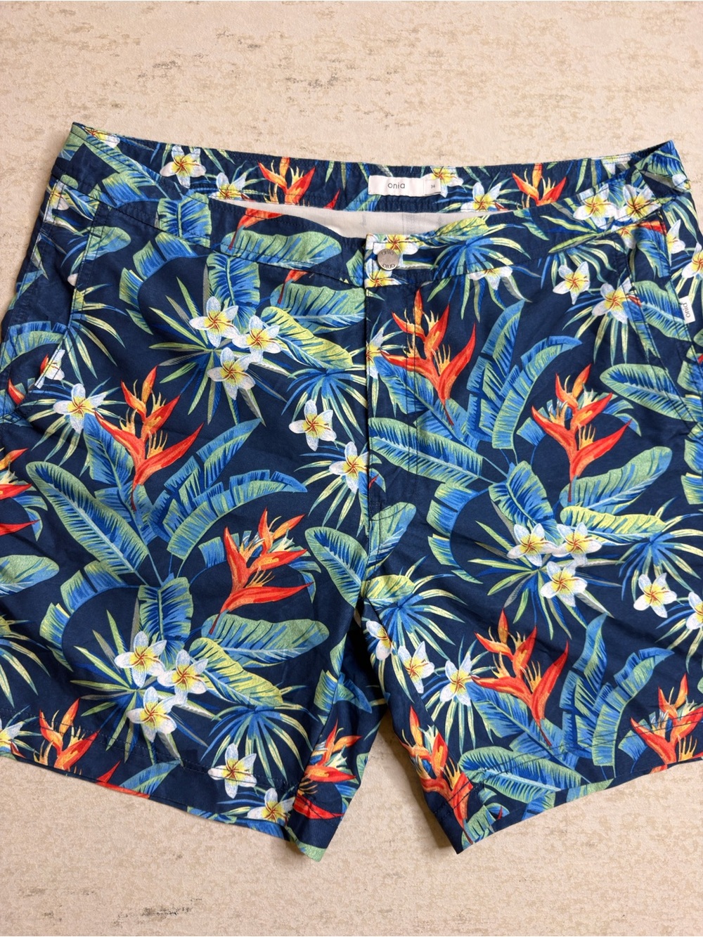 Onia The Calder Navy Tropical Print Swim Trunks Size 36